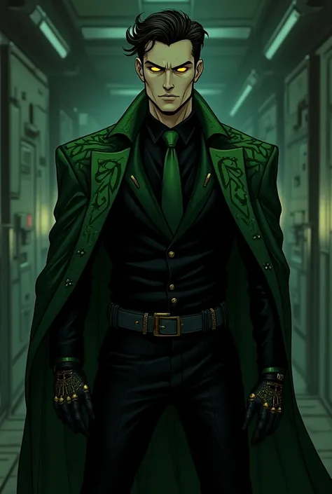 illustrate a male supervillain with an eerie and enigmatic appearance, wears a fitted dark green and black suit adorned with labyrinthine patterns that seem to shift and twist subtly, reflecting his illusion-based powers. The tails of His long coat catch t...