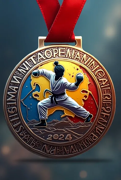 Medal that Taekwondo fighters has with the words Manta Open Cup 2024 Taekwondo