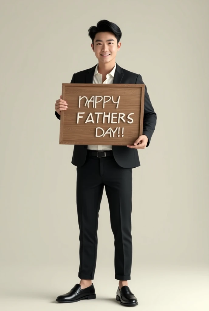  A handsome Korean guy wears black batik pants black leather shoes ,, holding a board that says happy fathers day  