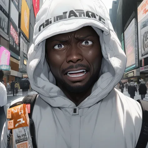 38 year old Black American man in a white cap and white hoodie in Shibuya, Tokyo for the first time shocked.