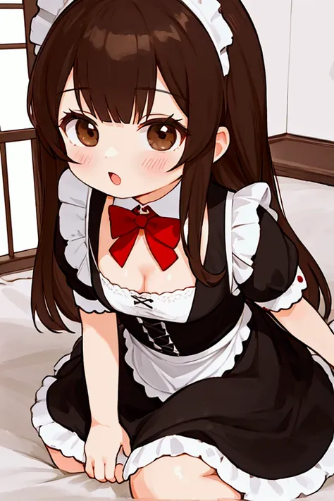 A sexy loli with long brown hair and brown eyes,  dressed as a maid  