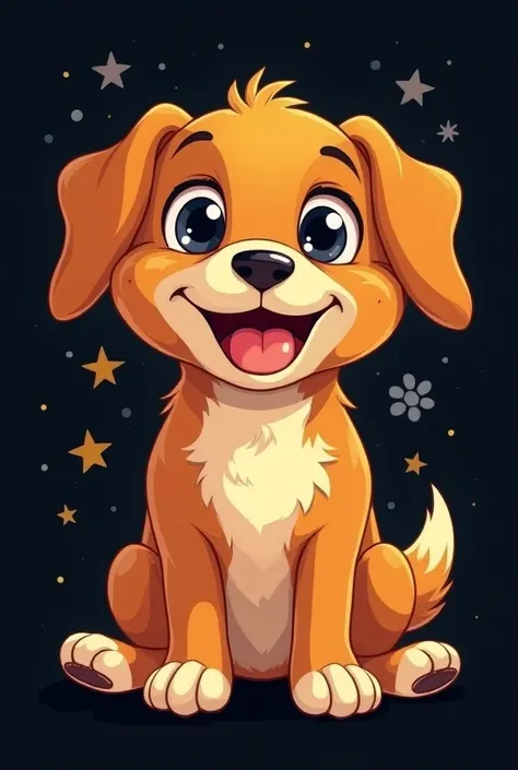 Design a cute, vivid-expression dog artwork for a black T-shirt. The artwork should showcase a playful dog with expressive, endearing eyes and a joyful smile, using bright yet simple colors that pop against a dark background. Focus on capturing the dog’s l...