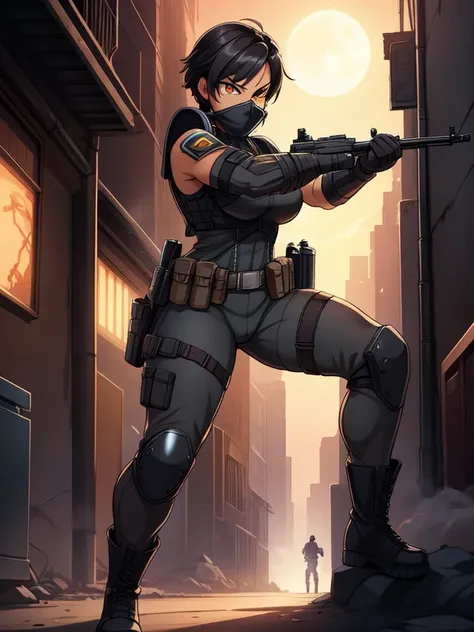 Full body, hq artwork, 27-year-old, Navajo Woman, tan-bronze skin, amber eyes, short black hair, athletic physique, strong muscles, shes a vigilante. (Wearing: Metallic muzzle covering her mouth, Gray tactical suit, bulletproof vest, black gloves, utility ...