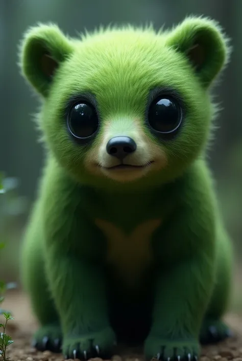 Green bear with black alien eyes