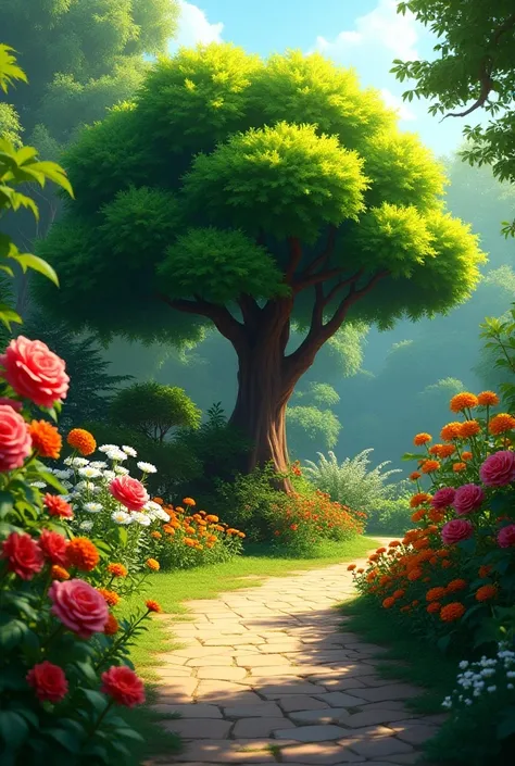 garden is beautiful. It has many plants and one big tree. There is one rose plant with beautiful roses. One jasmine plant and marigold plant. The tree is of neem. 