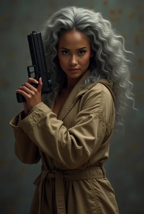 A beautiful youthful looking Filipino version of Ariana Grande as a 50 years old woman with long curly completely gray hair as the superhero Daisy Johnson from Agents of S.H.I.E.L.D wearing a bathrobe hold a gun in her hands pointing a gun at a gray haired...