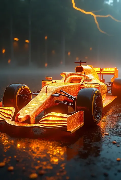 Create a hybrid entity that seamlessly blends the features of a Formula 1 car and a topaz diamond. The body retains the sleek, aerodynamic lines of the Formula 1 car, but is covered in jagged topaz crystal facets that glow with fiery orange and golden hues...