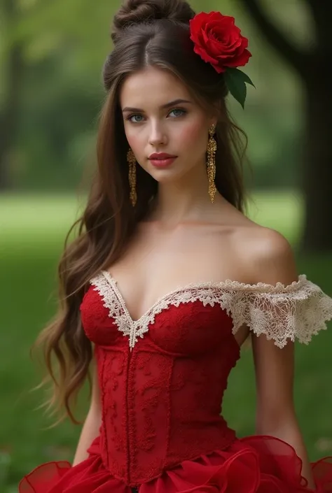 Woman Jennifer Connelly Young 20 years old model long hair Brow bun with red rose in her hair n blue eyes dress red ballet flamenco sevillana ruffles white lace long earrings gold in park 