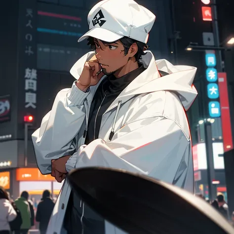 38 year old Black American man in a white cap and white hoodie in Shibuya, Tokyo for the first time shocked.