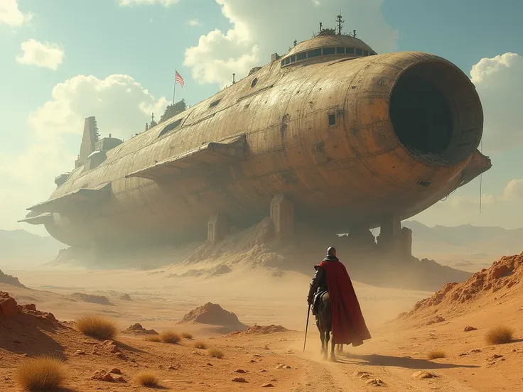 Hyperrealistic photograph of a medieval knight walking with his horse to one side, on an arid and lifeless landscape, discovering. The ruins of the ((((impressive and gigantic))))) ruined fuselage of ((the USS SULACO spaceship)) (semi buried in the ground)...