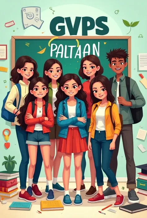 Create a digital icon for a WhatsApp group called GVPS Paltan, which represents a group of school friends (four girls and three boys) who have now moved on to college. The icon should include elements symbolizing friendship and unity, with a playful mix of...