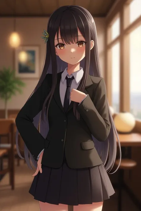  generates an image of a young girl in uniform, Pear body 🍐,  long hair  (that reaches the hips )  café, dark brown eyes,  skin color white ,  3d anime style that looks older and with dark circles is tall, The more curved , shy 