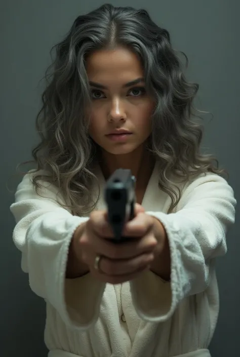 A beautiful youthful looking Filipino version of Ariana Grande as a 50 years old woman with long curly completely gray hair wearing a bathrobe hold a gun in her hands pointing a gun at a gray haired Cuban woman who is her age and her completely gray hair p...