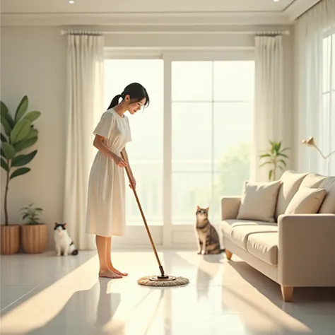 a happy beautiful Korean woman, 1.75 meters, 30-year-old, simple white dress, bare feet, in a light cozy living room, mopping the floor, medium size mop and mop bucket, have 2 s playing in the background, have no carpet, wide view room, white shinning floo...