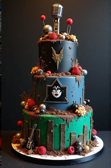 3-tier 
**1. first floor:  Classic and Legendary Rock **
- **color**:  Matte black with details in gold and silver .
- **Decoration**: 
  - **kiss**:  Stars and the famous painted face of Gene Simmons in a corner .
  - **Guns n Roses **:  A small arrangeme...