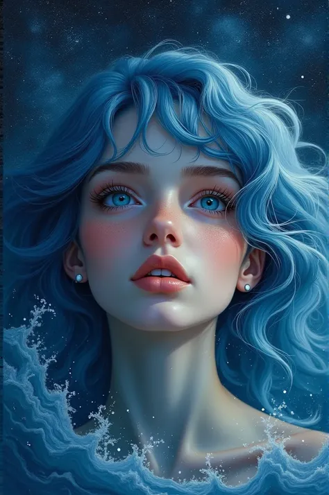 Female portrait reference theme ocean and space 
Make her hair ocean waves like and blue in colour and make her look into the space full of stars