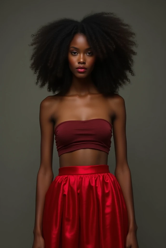 Black curly naked and thin very pretty little face age 18 years old very feminine black skin with arms up round red skirt silk and sleeveless cropet blouse with bare shoulders and very thin transparent clothes with clearly visible breasts