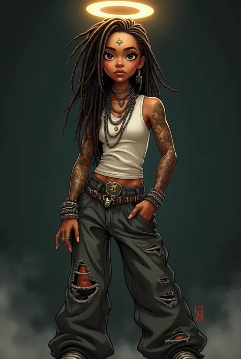 " Create a stylized character with the following characteristics:

Hair:  Long dreadlocks with some braids ,  decorated with a halo above the head .
facial expression: Big, expressive eyes,  with a confident expression .
Top:  Sleeveless t-shirt that revea...