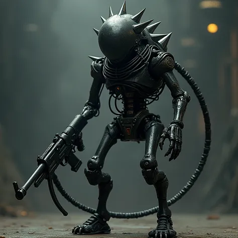 a demonic robot, thin metal body, metallic spikes, punk style, no face, gun between legs, metal claws, black arms, black legs, black cables, metal tail, dark color palette, dystopian, dramatic shadows, mechanical design, 3D