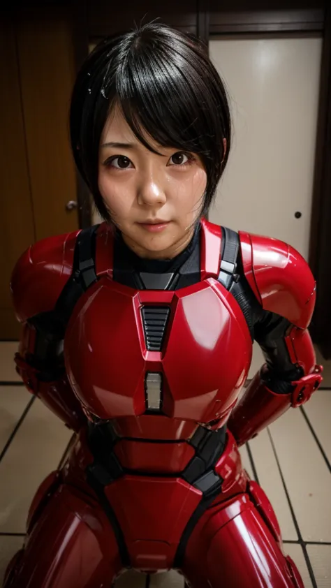 best quality　 8k full body red war machine suit girl　gloss　 japanese women in their 30s 　sweaty face　cute　 short hair　 boyish 　s...