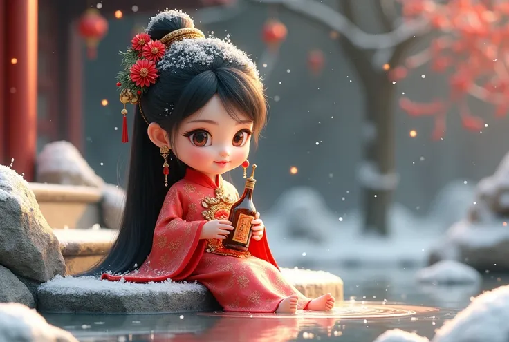 Oriental beautiful girl, chibi, 3d_rendering, 3d model, White transparent real-life painting, Colorful water splash rendering, messy strokes, Facial texture is clear,  sit on the rock steps of traditional chinese house yard, snowing, Chinas finest transluc...