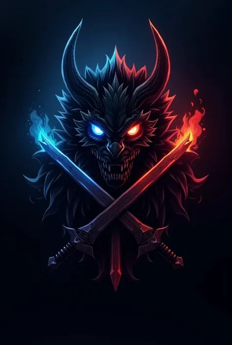 Please, give me a MLBB esports squad logo, name is “Shadow Strike Esports” One eye is blue fire and one eye is red fire, three swords, background is shadow dragon 