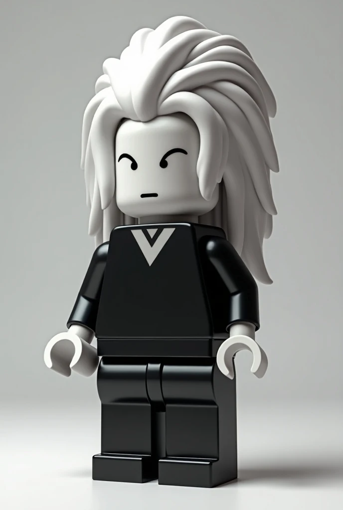 Make an image where FaltyTimes is a roblox and lego character. He should have white skin and black clothing. I want the name FaltyTimes showing on the top of the image. Give him very long puffy hair