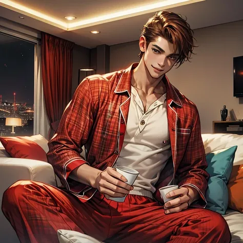 Living room at night　Handsome late teenage man bringing a cup of water　Im wearing flashy red pajamas　 smiling at the screen 　 slender　Slanted Eyes　Brown Hair　One man