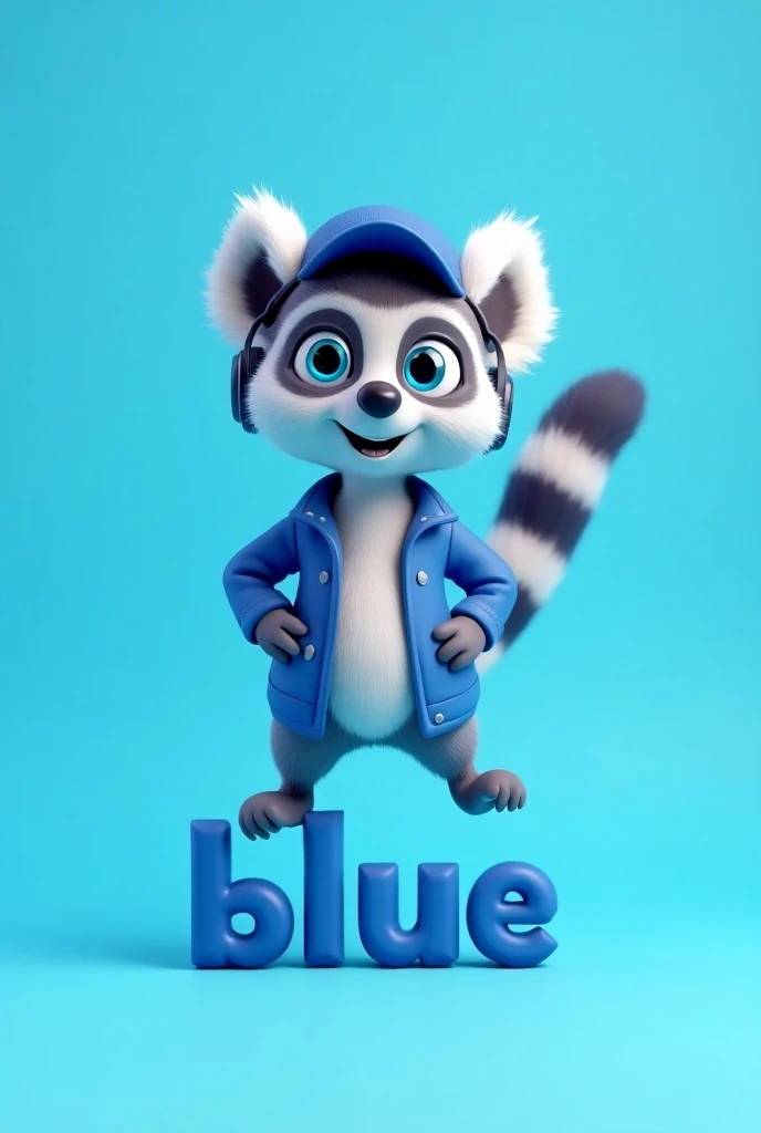  Lemur thick texture, smiling, cartoon type 3D , white color,  blue eyes , gray and white tail , in shades of blue,  dressed in a blue jacket with white sleeves ,  wears a cap and small headphones ,  with the word blue also in 3d 