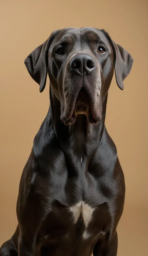 The scene of an ultra realistic male Great Dane dog measuring 111.8 cm, staring at the camera