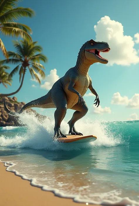 Photos of a dinosaur surfing on a beach