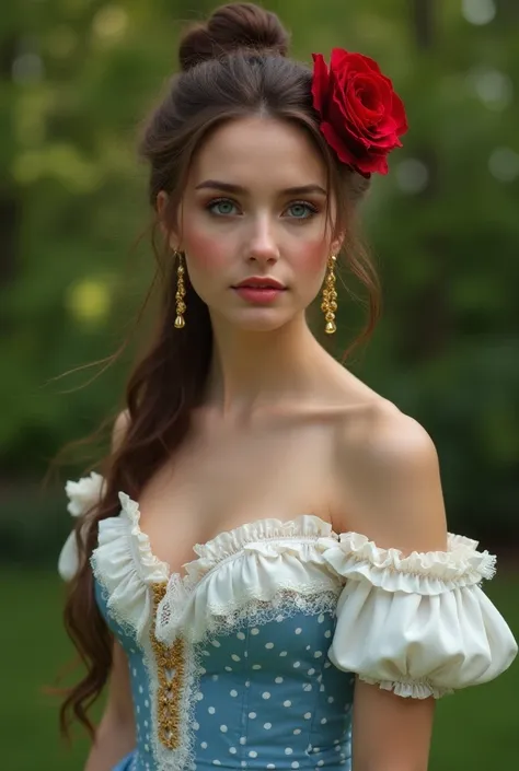 Woman Jennifer Connelly Young 20 years old model long hair Brow bun with red rose in her hair n blue eyes dress polka dots White blue ballet flamenco sevillana ruffles white lace long earrings gold in park 