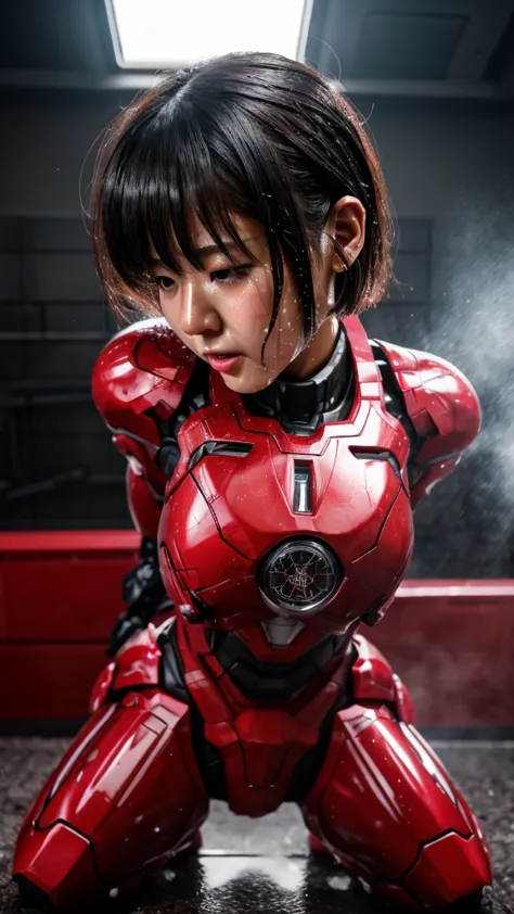 best quality　 8k full body red war machine suit girl　gloss　 japanese women in their 30s 　sweaty face　cute　 short hair　 boyish 　s...