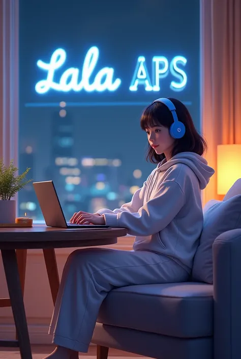 Young woman,  3D anime ,  wear hoodie and pajama pants ,  wear blue headset ,  sit on a luxurious and comfortable sofa , background writing "lala Aps "  capital and modern letters ,  elegant feel ,  living room at table has laptop ,  cinema view 