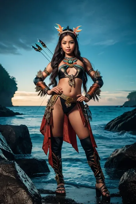 A lovely, young  beautiful, attractive & charming cyberpunk girl, 18yr old, wearing  native Philippines facial  features in goddess costume, (using a bow & arrow aiming pose or holding kampilan blades), casting a torching bolt from hands, super photographi...