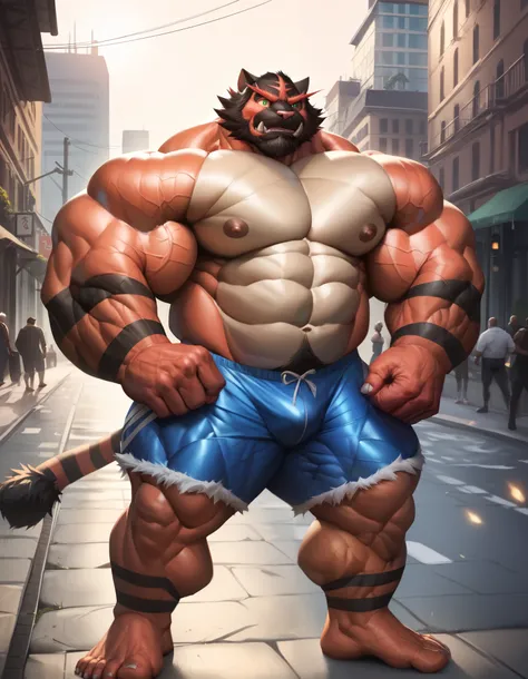 semi realistic, semirealistic:1.3, old man, old, huge muscular bara incineroar, fur, (massive muscular, mass, pectoral, huge pectoral, thick arms, wide pectoral, wide shoulder, tick body, over sized muscle), strong physique, perfect anatomy, masterpiece, b...