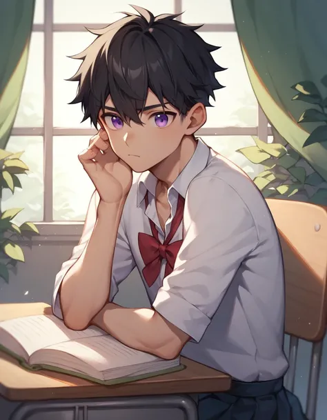 A young man in a school uniform, with purple eyes and dark black hair, was studying seriously.