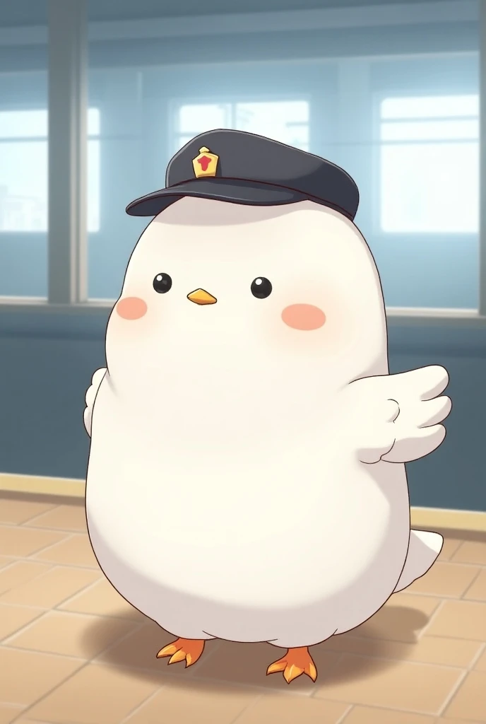 Masterpiece,Best quality, Anime style, pure white sparrow mascot, round body, fluffy body, simple face, cute appearance,in the station,wearing station staff cap