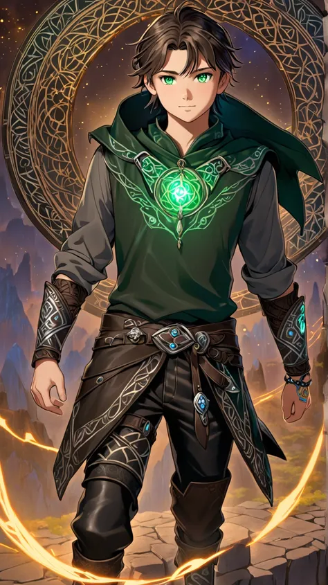 A 16-year-old young man named Kaelan, standing confidently in a mystical, twilight setting, ready to summon a portal to another realm. He has short, tousled dark brown hair with hints of red highlights framing his rugged yet youthful face. His deep emerald...