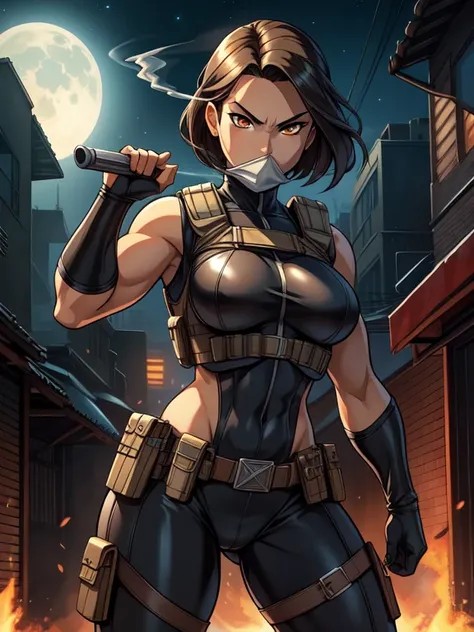 Shes a vigilante, full body, hq artwork, 27-year-old, Navajo Woman, tan-bronze skin, amber eyes, short black hair, athletic physique, strong muscles. (Wearing: Metallic muzzle covering her mouth, tight gray bodysuit, bulletproof vest, black gloves, utility...