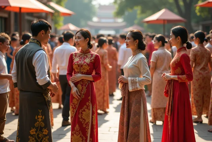 people wearing their traditional cloth which is baju melayu, baju kurung, cheongsam, sari and thai traditional wear in real person