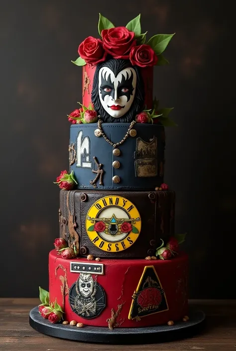 3-tier 
**1. first floor:  Classic and Legendary Rock **
- **color**:  Matte black with details in gold and silver .
- **Decoration**: 
  - **kiss**:  Some stars and the famous painted face of Gene Simmons in a corner.
  - **Guns n Roses **:  A small arran...