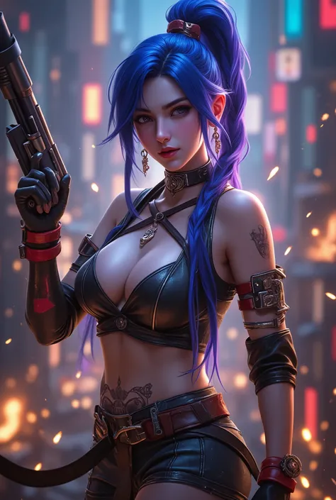 A realistic, high-detail portrait of Jinx from League of Legends, capturing her intense, mischievous expression and iconic long blue braids. She wears a punk-inspired outfit with vibrant colors and intricate details, including straps, belts, and metallic a...
