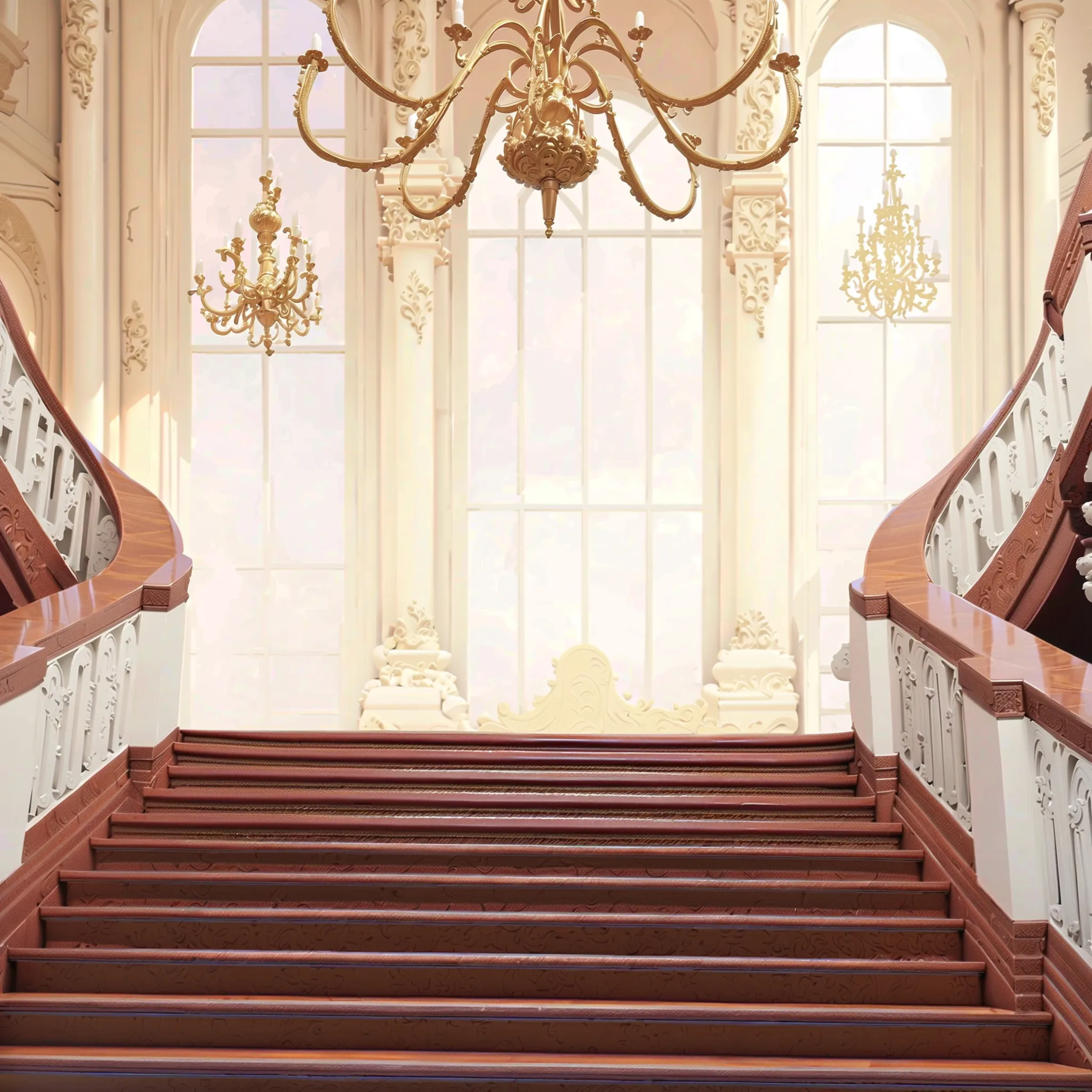 a picture of a palace staircase full of sunshine looking up ，the imposing staircase ， the staircase with a wooden floor ， the st...