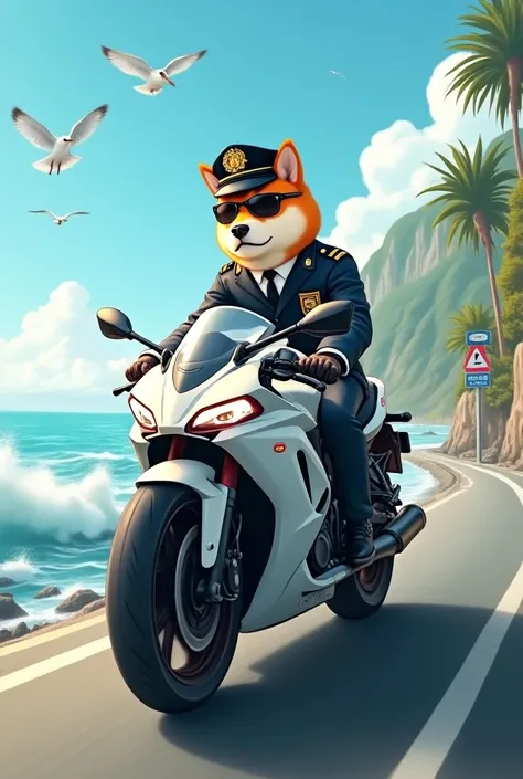 
“A scene of a personified Shiba Inu, dressed in a traditional Japanese police officer uniform, riding a sleek white motorcycle. The Shiba Inu wears a police cap, aviator sunglasses, and a confident expression, embodying authority and charm. The motorcycle...