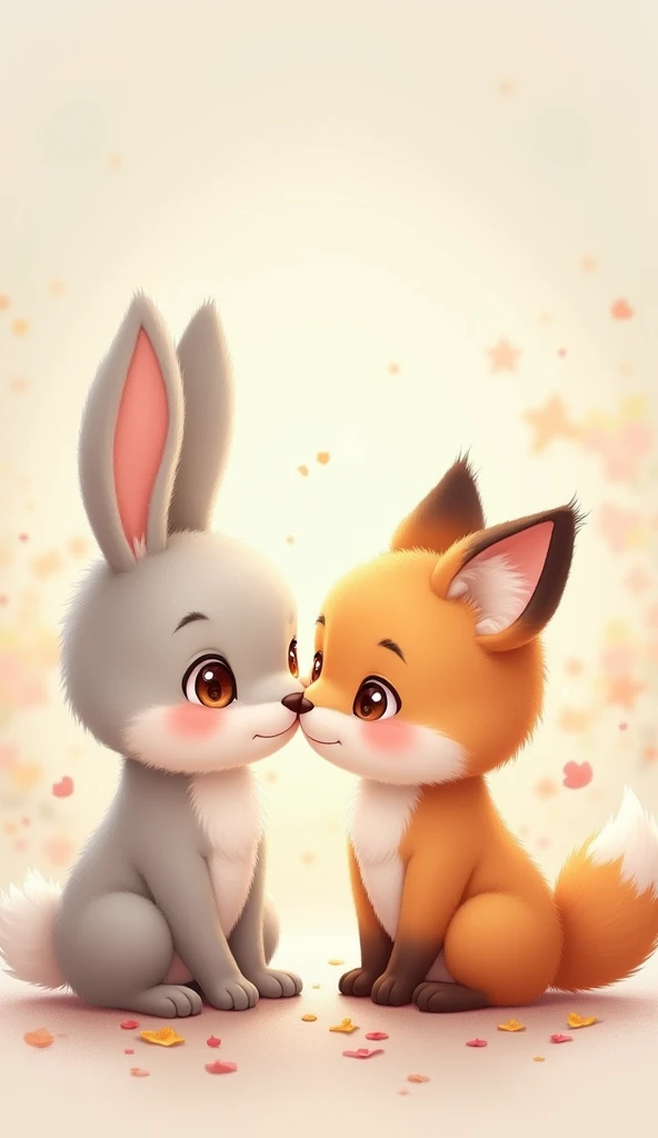  A super cute illustration of two adorable animals , like a bunny and a baby fox ,  facing each other with an expression of tenderness and curiosity .  Both have big and expressive eyes , with a touch of shine,  and are designed with soft and pastel colors...