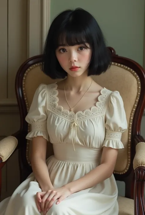  baby girl from European factions with short black hair,  wears white dress from 1940 and is sitting in a chair