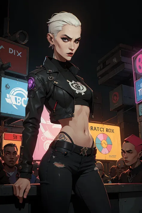 (Masterpiece:1.2, Best quality, cyberpunk), (real photo, Intricate details), (1lady, solo, Slender body, small breast,)，old face  Experiment with appearance：Shave your head or white short hair color，Slender, figure, Slender Legs, Top-model figure, Dramatic...