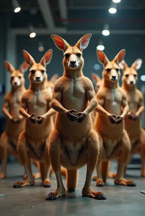 A group of kangaroos at the gym with an impressive physique posing 