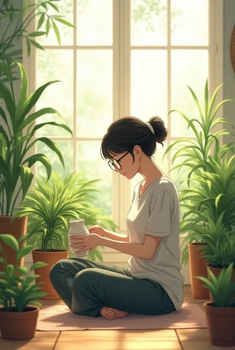  Anime of a 40-year-old girl with glasses and a bow, Sitting on the floor taking care of her plants 